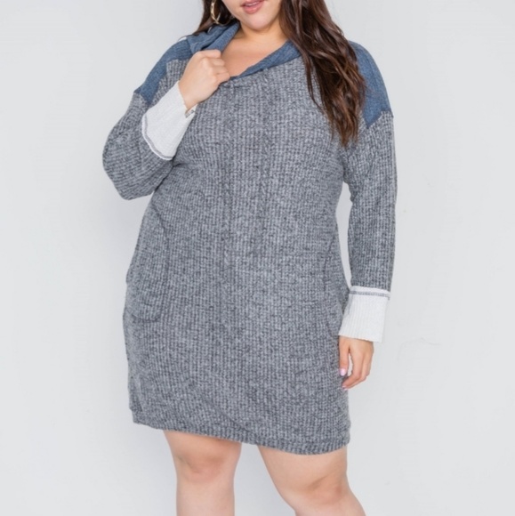 1X Charcoal Knit Hooded Soft Sweater Dress - Picture 5 of 5